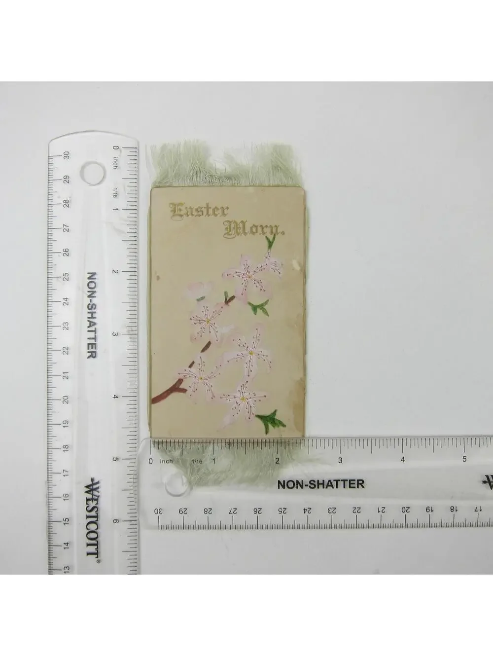 Victorian Card Easter Branch Blooms Pink Flowers Fringe Gold Gilt Edge Antique